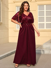 Load image into Gallery viewer, Color=Burgundy | Bulk Order Short Sleeve Sequin Fishtail V-Neck Floor Length Evening Dresses-Burgundy 9