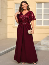 Load image into Gallery viewer, Color=Burgundy | Bulk Order Short Sleeve Sequin Fishtail V-Neck Floor Length Evening Dresses-Burgundy 10