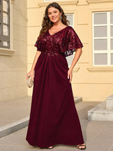 Load image into Gallery viewer, Color=Burgundy | Bulk Order Short Sleeve Sequin Fishtail V-Neck Floor Length Evening Dresses-Burgundy 6