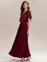Load image into Gallery viewer, Color=Burgundy | Bulk Order Short Sleeve Sequin Fishtail V-Neck Floor Length Evening Dresses-Burgundy 4