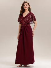 Load image into Gallery viewer, Color=Burgundy | Bulk Order Short Sleeve Sequin Fishtail V-Neck Floor Length Evening Dresses-Burgundy 5