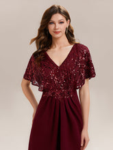 Load image into Gallery viewer, Color=Burgundy | Bulk Order Short Sleeve Sequin Fishtail V-Neck Floor Length Evening Dresses-Burgundy 3