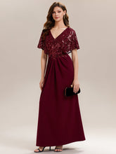 Load image into Gallery viewer, Color=Burgundy | Bulk Order Short Sleeve Sequin Fishtail V-Neck Floor Length Evening Dresses-Burgundy 1