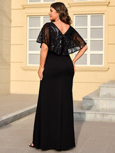 Load image into Gallery viewer, Color=Black | Bulk Order Short Sleeve Sequin Fishtail V-Neck Floor Length Evening Dresses-Black 17
