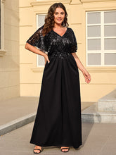 Load image into Gallery viewer, Color=Black | Bulk Order Short Sleeve Sequin Fishtail V-Neck Floor Length Evening Dresses-Black 19
