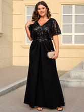 Load image into Gallery viewer, Color=Black | Bulk Order Short Sleeve Sequin Fishtail V-Neck Floor Length Evening Dresses-Black 20