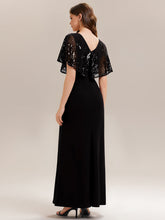 Load image into Gallery viewer, Color=Black | Bulk Order Short Sleeve Sequin Fishtail V-Neck Floor Length Evening Dresses-Black 12