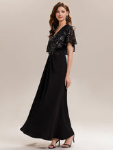 Load image into Gallery viewer, Color=Black | Bulk Order Short Sleeve Sequin Fishtail V-Neck Floor Length Evening Dresses-Black 14