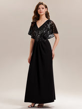 Load image into Gallery viewer, Color=Black | Bulk Order Short Sleeve Sequin Fishtail V-Neck Floor Length Evening Dresses-Black 15