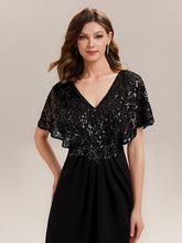Load image into Gallery viewer, Color=Black | Bulk Order Short Sleeve Sequin Fishtail V-Neck Floor Length Evening Dresses-Black 13