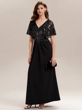 Load image into Gallery viewer, Color=Black | Bulk Order Short Sleeve Sequin Fishtail V-Neck Floor Length Evening Dresses-Black 11