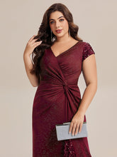 Load image into Gallery viewer, Color=Burgundy | One Stop Shop Short Sleeve Knotted Deep V-Neck Bodycon Floor Length Evening Dresses-Burgundy 8
