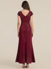 Load image into Gallery viewer, Color=Burgundy | One Stop Shop Short Sleeve Knotted Deep V-Neck Bodycon Floor Length Evening Dresses-Burgundy 2