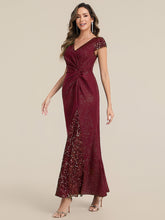 Load image into Gallery viewer, Color=Burgundy | One Stop Shop Short Sleeve Knotted Deep V-Neck Bodycon Floor Length Evening Dresses-Burgundy 4