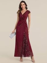 Load image into Gallery viewer, Color=Burgundy | One Stop Shop Short Sleeve Knotted Deep V-Neck Bodycon Floor Length Evening Dresses-Burgundy 5