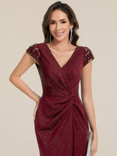 Load image into Gallery viewer, Color=Burgundy | One Stop Shop Short Sleeve Knotted Deep V-Neck Bodycon Floor Length Evening Dresses-Burgundy 3