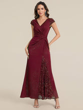 Load image into Gallery viewer, Color=Burgundy | One Stop Shop Short Sleeve Knotted Deep V-Neck Bodycon Floor Length Evening Dresses-Burgundy 1