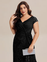 Load image into Gallery viewer, Color=Black | Fast Delivery Short Sleeve Deep V-Neck Sequin Bodycon Floor Length Evening Dresses-Black 8