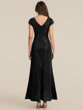 Load image into Gallery viewer, Color=Black | Fast Delivery Short Sleeve Deep V-Neck Sequin Bodycon Floor Length Evening Dresses-Black 2