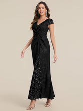 Load image into Gallery viewer, Color=Black | Fast Delivery Short Sleeve Deep V-Neck Sequin Bodycon Floor Length Evening Dresses-Black 4