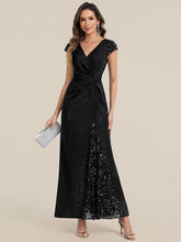 Load image into Gallery viewer, Color=Black | Fast Delivery Short Sleeve Deep V-Neck Sequin Bodycon Floor Length Evening Dresses-Black 5