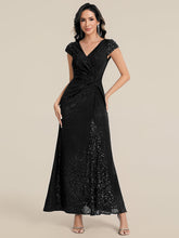 Load image into Gallery viewer, Color=Black | Fast Delivery Short Sleeve Deep V-Neck Sequin Bodycon Floor Length Evening Dresses-Black 1