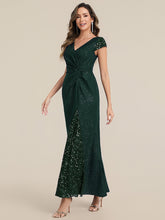Load image into Gallery viewer, Color=Dark Green | One Stop Shop Short Sleeve Knotted Deep V-Neck Bodycon Floor Length Evening Dresses-Dark Green 14