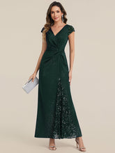 Load image into Gallery viewer, Color=Dark Green | One Stop Shop Short Sleeve Knotted Deep V-Neck Bodycon Floor Length Evening Dresses-Dark Green 15