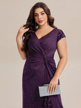 Load image into Gallery viewer, Color=Dark Purple | One Stop Shop Short Sleeve Knotted Deep V-Neck Bodycon Floor Length Evening Dresses-Dark Purple 28