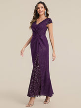 Load image into Gallery viewer, Color=Dark Purple | One Stop Shop Short Sleeve Knotted Deep V-Neck Bodycon Floor Length Evening Dresses-Dark Purple 24