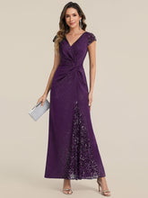 Load image into Gallery viewer, Color=Dark Purple | One Stop Shop Short Sleeve Knotted Deep V-Neck Bodycon Floor Length Evening Dresses-Dark Purple 25