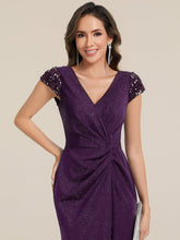 Load image into Gallery viewer, Color=Dark Purple | One Stop Shop Short Sleeve Knotted Deep V-Neck Bodycon Floor Length Evening Dresses-Dark Purple 23
