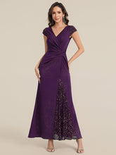 Load image into Gallery viewer, Color=Dark Purple | One Stop Shop Short Sleeve Knotted Deep V-Neck Bodycon Floor Length Evening Dresses-Dark Purple 21