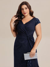 Load image into Gallery viewer, Color=Navy Blue | Fast Delivery Short Sleeve Deep V-Neck Sequin Bodycon Floor Length Evening Dresses-Navy Blue 18