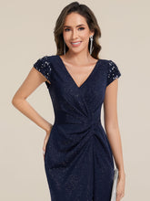 Load image into Gallery viewer, Color=Navy Blue | Fast Delivery Short Sleeve Deep V-Neck Sequin Bodycon Floor Length Evening Dresses-Navy Blue 13