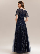 Load image into Gallery viewer, Color=Navy Blue | B2B-Exclusive Short Sleeve Ruffle Sequin Deep V-Neck A-Line Floor Length Evening Dresses-Navy Blue 2