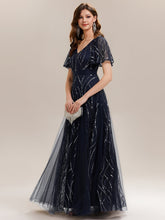Load image into Gallery viewer, Color=Navy Blue | B2B-Exclusive Short Sleeve Ruffle Sequin Deep V-Neck A-Line Floor Length Evening Dresses-Navy Blue 4