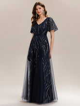 Load image into Gallery viewer, Color=Navy Blue | B2B-Exclusive Short Sleeve Ruffle Sequin Deep V-Neck A-Line Floor Length Evening Dresses-Navy Blue 5