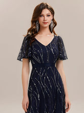 Load image into Gallery viewer, Color=Navy Blue | B2B-Exclusive Short Sleeve Ruffle Sequin Deep V-Neck A-Line Floor Length Evening Dresses-Navy Blue 3