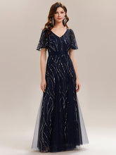 Load image into Gallery viewer, Color=Navy Blue | B2B-Exclusive Short Sleeve Ruffle Sequin Deep V-Neck A-Line Floor Length Evening Dresses-Navy Blue 1