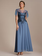 Load image into Gallery viewer, Color=Dusty blue | Volume Discounts Short Sleeve Ruffle Sequin Round Neck A-Line Floor Length Evening Dresses 3