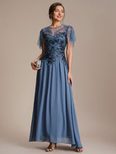Load image into Gallery viewer, Color=Dusty blue | Volume Discounts Short Sleeve Ruffle Sequin Round Neck A-Line Floor Length Evening Dresses 4