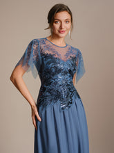 Load image into Gallery viewer, Color=Dusty blue | Volume Discounts Short Sleeve Ruffle Sequin Round Neck A-Line Floor Length Evening Dresses 5
