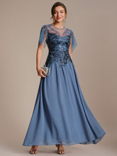 Load image into Gallery viewer, Color=Dusty blue | Volume Discounts Short Sleeve Ruffle Sequin Round Neck A-Line Floor Length Evening Dresses 1
