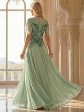 Load image into Gallery viewer, Volume Discounts Short Sleeve Ruffle Sequin Round Neck A-Line Floor Length Evening Dresses