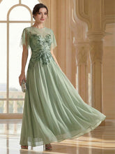 Load image into Gallery viewer, Volume Discounts Short Sleeve Ruffle Sequin Round Neck A-Line Floor Length Evening Dresses