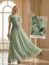 Load image into Gallery viewer, Color=Mint Green | Volume Discounts Short Sleeve Ruffle Sequin Round Neck A-Line Floor Length Evening Dresses 10