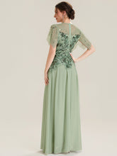 Load image into Gallery viewer, Color=Mint Green | Volume Discounts Short Sleeve Ruffle Sequin Round Neck A-Line Floor Length Evening Dresses-Mint Green 2