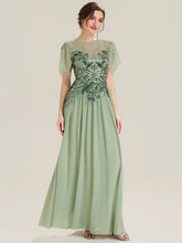 Load image into Gallery viewer, Color=Mint Green | Volume Discounts Short Sleeve Ruffle Sequin Round Neck A-Line Floor Length Evening Dresses-Mint Green 4