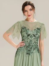 Load image into Gallery viewer, Color=Mint Green | Volume Discounts Short Sleeve Ruffle Sequin Round Neck A-Line Floor Length Evening Dresses-Mint Green 3